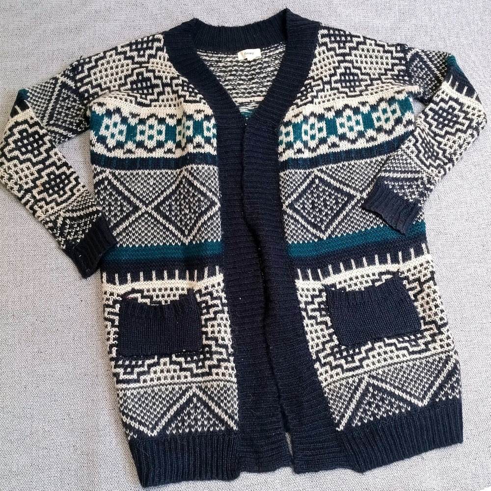 Freeway Cardigan Women Medium Navy Blue Excellent Geometric Fair Isle Open Front